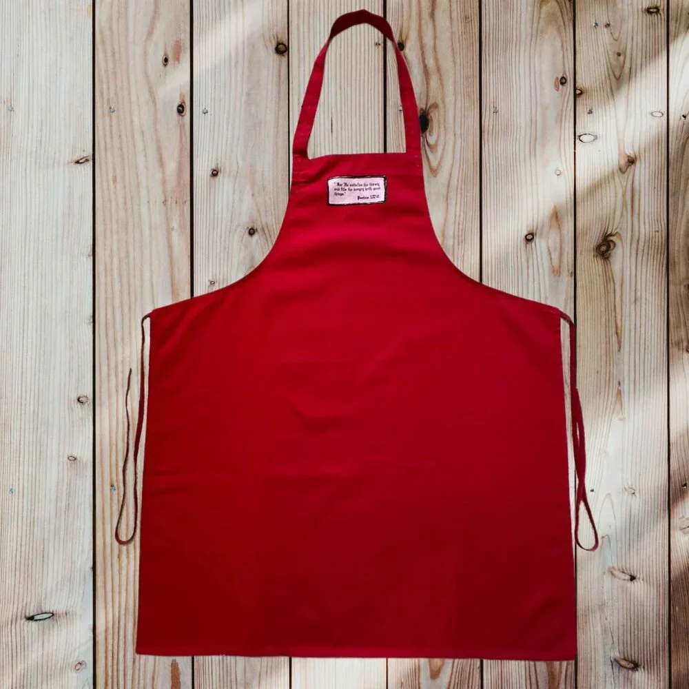 Vintage Christian red grilling / cooking apron, Psalms bible verse